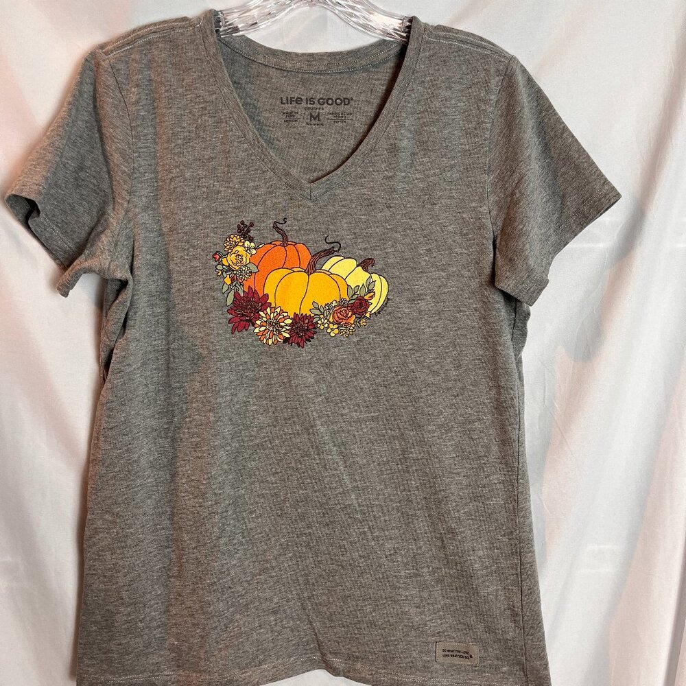 Women's Grey "Fall theme" Life is Good Short slv V neck Crusher T shirt Size M